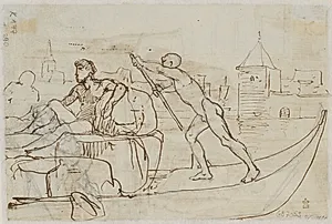 Gondol med to modelfigurer by Wilhelm Marstrand