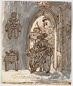 "Gotisk" scene. En skjald fører to børn ind i et gotisk hus by Martinus Rørbye