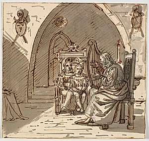 "Gotisk" scene. En skjald spiller harpe for to børn i en tronstol by Martinus Rørbye