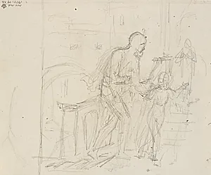 "Gotisk" scene med gående mand og lille pige by Martinus Rørbye