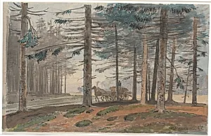 Granskov med vej, hvorpå der kører en hestevogn med et læs brænde. I baggrunden en lysning i skoven by Johan Thomas Lundbye