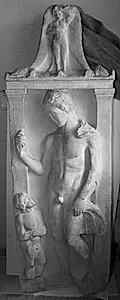 Gravrelief for Aristion. Stående ung mand og lille dreng, foroven stående, frontal sirene by Ubekendt