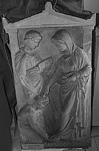 Gravrelief. Gravrelief for Ameinokleia, datter af Andromenes. To stående kvinder og knælende pige by Ubekendt