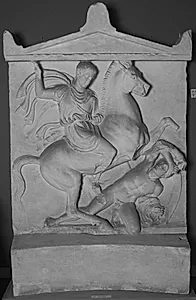 Gravrelief. Gravrelief for Dexileos. Rytter over slagen modstander. Indskrift på sokkel by Ubekendt