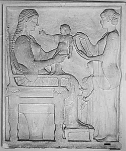 Gravrelief. Siddende kvinde med barn på skødet, stående kvinde og to børn, Leukothea relieffet by Ubekendt
