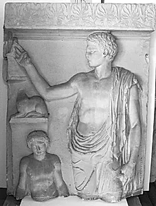 Gravrelief. Stående ung mand m. fugl i v. hånd, en dreng, stele med en kat by Ubekendt