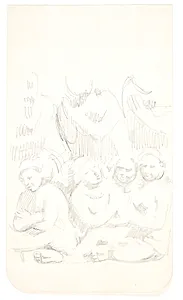 Gruppe med siddende figurer med korslagte arme i forgrunden. Studieblad efter relieffer i Borobudur, Java. by Svend Rathsack