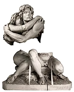 Gud kaldte. Siddende Adam og Eva, der omfavner hinanden by Hans Gyde Petersen