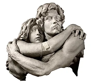 Gud kaldte. Siddende Adam og Eva, der omfavner hinanden