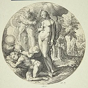Gud skaber landdyrene og menneskene (Dies VI) by Jan Harmensz. Muller