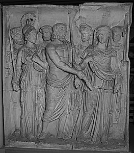 Guderne med Jupiter i midten hilser Trajan ærefuldt by Ubekendt
