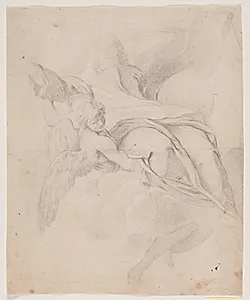 Gudfader og verdenskuglen, båret af engle. by Hendrik Krock