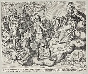 Guds sønner, her imellem Satan, træder frem for Herren by Philips Galle