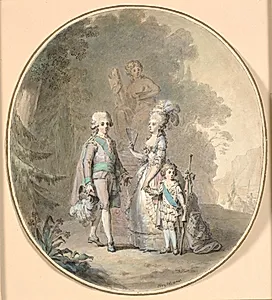 Gustav III, dronning Sophie Magdalene og kronprins Gustav Adolph spadserende i Hagaparken.