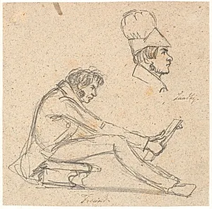 H.E. Freund siddende på en skammel og betragtende en tegning. Foroven t.h. profil portræt af J. Th. Lundbye. by P.C. Skovgaard