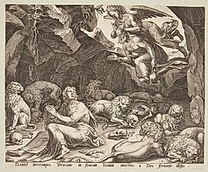 Habakuk bringing Daniel food in the lion's den by Philips Galle