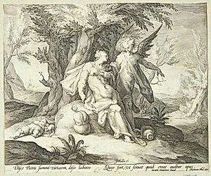 Hagar bliver trøstet af en engel i ørkenen by Jan Harmensz. Muller