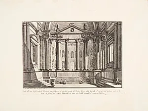 Hal indrettet med søjler i henhold til gammel romersk skik, og nicher udsmykket med statuer by Giovanni Battista Piranesi