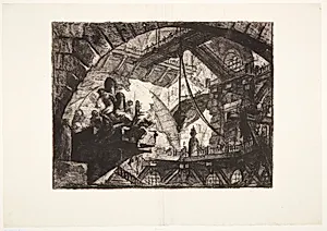 Hal med trapper, broer og svalegange, i forgunden en gruppe fanger på en gesims by Giovanni Battista Piranesi