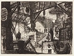 Hal med trapper, i forgunden t.h. tunge jernkæder og t.v. et ovalt gittervindue by Giovanni Battista Piranesi