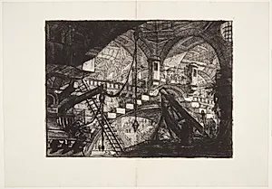Hal med trapper og broer, i forgrunden et bueslag by Giovanni Battista Piranesi
