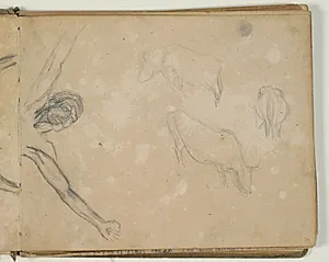Halvfigurstudie til korsfæstelsesscene. Desuden skitser af køer by Niels Larsen Stevns