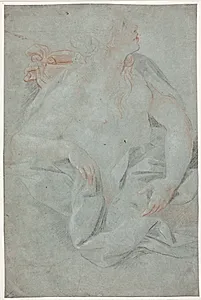 Halvnøgen draperet kvinde, holdende en maske. "Sandhedens afsløring" by Hendrik Krock