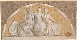 Halvrundt felt med tre runde kvindefigurer, de to yderste med skjolde, der synes at vise, at de fremstiller Norge og nordtyske lande (Stormarn og Ditmarsken?). Den midterste symboliserer formodentlig Danmark by Nicolai Abildgaard