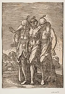 Halvt afklædt mand med hestehale; støttende sig til to andre mænd med hestehale by Melchior Lorck