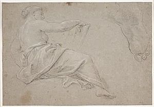 Halvtliggende, draperet kvindeskikkelse med en bog. Studie af en fod by Hendrik Krock