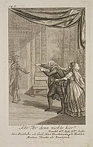 Hamlet ser sin faders genfærd (Nächtliche Unterredungsscene Hamlet's mit seiner Mutter und Erscheinen des Geistes seines Vaters) by Daniel Nikolaus Chodowiecki