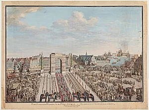 Hans Kongelige Hoyhed Arveprinds Frederic og Prindscesce Sofie Frederikes Intog i Kiöbenhavn. Den 17iede October 1774. by E.H. Løffler