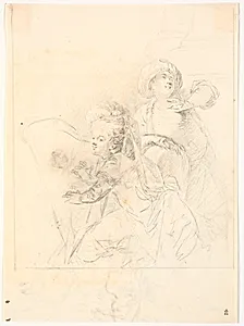 Harpespillende dame. Bag hende en turbanklædt mand by C.A. Lorentzen