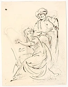 Harpespillende dame. Bag hende en turbanklædt mand by C.A. Lorentzen