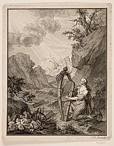 Harpespillende kvinde i bjerglandskab by J.M. Preisler