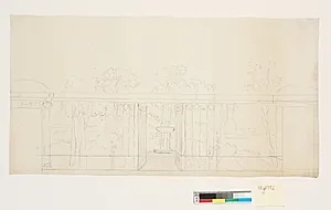 Haveparti set fra en balustrade med en dør by C.A. Lorentzen