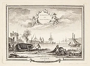 Havn med båd, der omkalfatres by Jeanne Françoise Ozanne