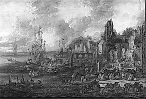 Havneby med mange figurer på stranden by Peter II Casteels