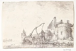 Hejseværk ved en flod by Anthonie Waterloo