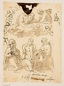Helgerne Antonius, Hieronymus og Bernardin med Jomfru Maria og Jesusbarnet omgivet af englebørn by Jacopo Palma (il Giovane)