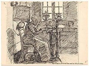 Her boede en gammel Kone med sin Kat og sin Høne by Fritz Syberg