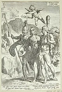 Herakles med Mars, Minerva og Amor, der viser den stenede vej til de udødeliges tempel by Jan Harmensz. Muller