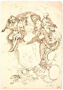 Heraldisk komposition: våbenskjold med tre opvendte violiner, hundekronet hjelm, omgivet af to figurer og to violinspillende putti, det hele hvilende på liggende mandsfigur (Neptun?) by Frantz Clein