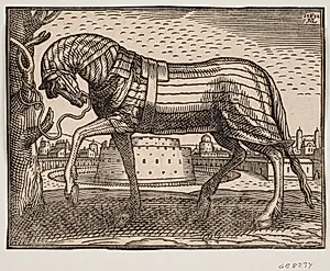Hest, dækket af skaberak, profil mod v., tøjret til et træ; i baggrunden by med kegleformet borg i cirkulær vandgrav by Melchior Lorck