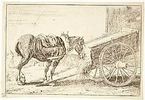 Hest ved en tohjulet kærre by Jan van den Hecke I