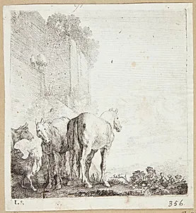 Heste, en ko og geder nær en høj mur by Moyses van Wtenbrouck