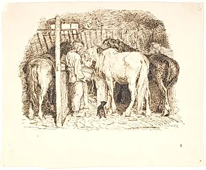 Heste i en stald får vand af en karl by Lorenz Frølich