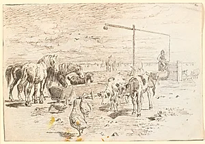 Heste, kalve og gæs ved Hollænderbrønden på Saltholm by Theodor Philipsen