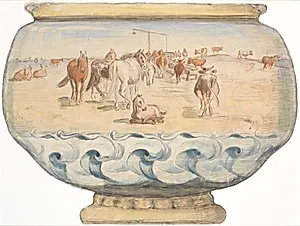 Heste og køer ved Hollænderbrønden på Saltholm (udkast til punchebolle) by Theodor Philipsen