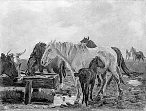 Heste ved et vandingstrug by Theodor Philipsen